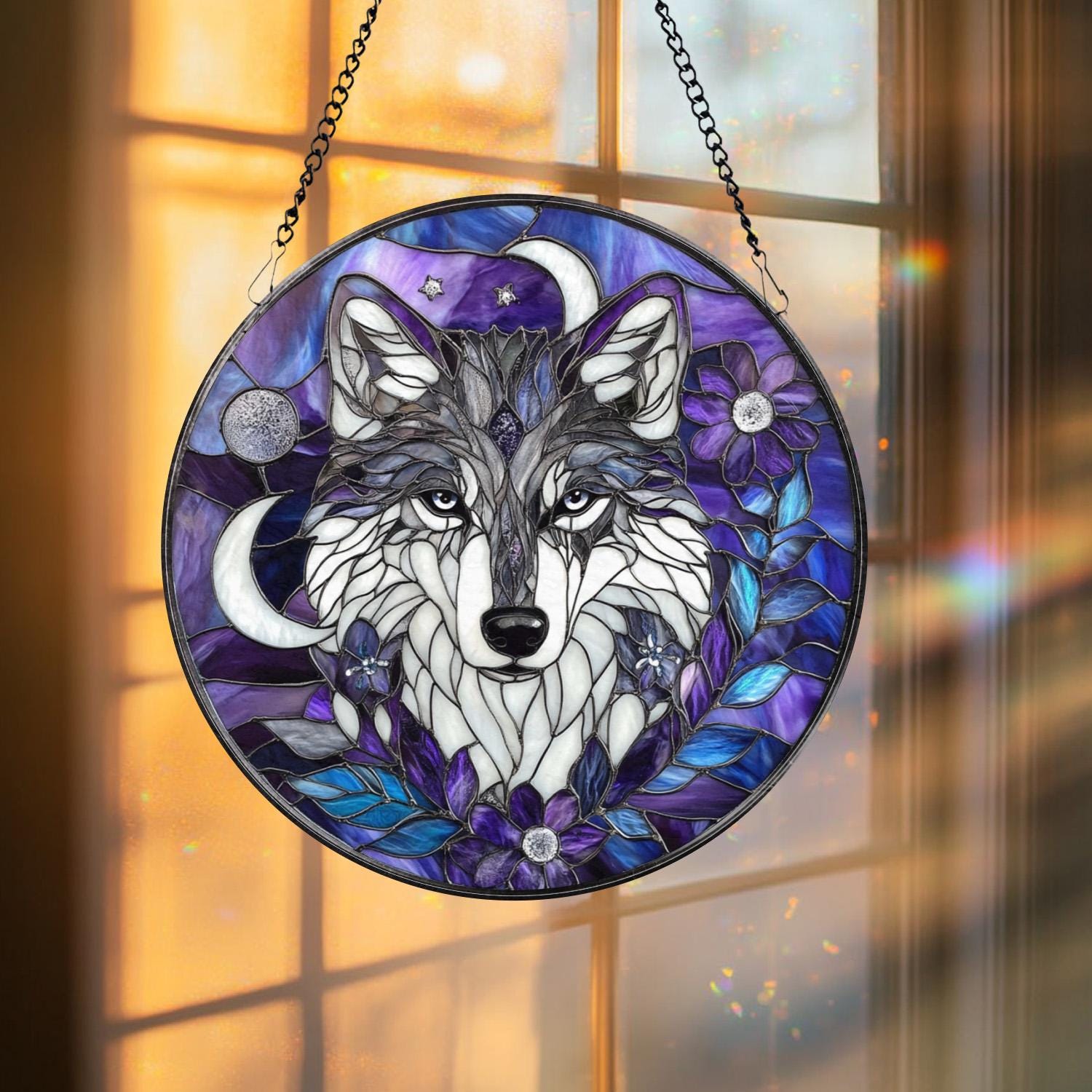 Majestic Wolf Stained Glass Suncatcher – Moonlit Wolf Window Hanging, Wildlife Glass Art, Nature Decor, Wolf Lover Gift