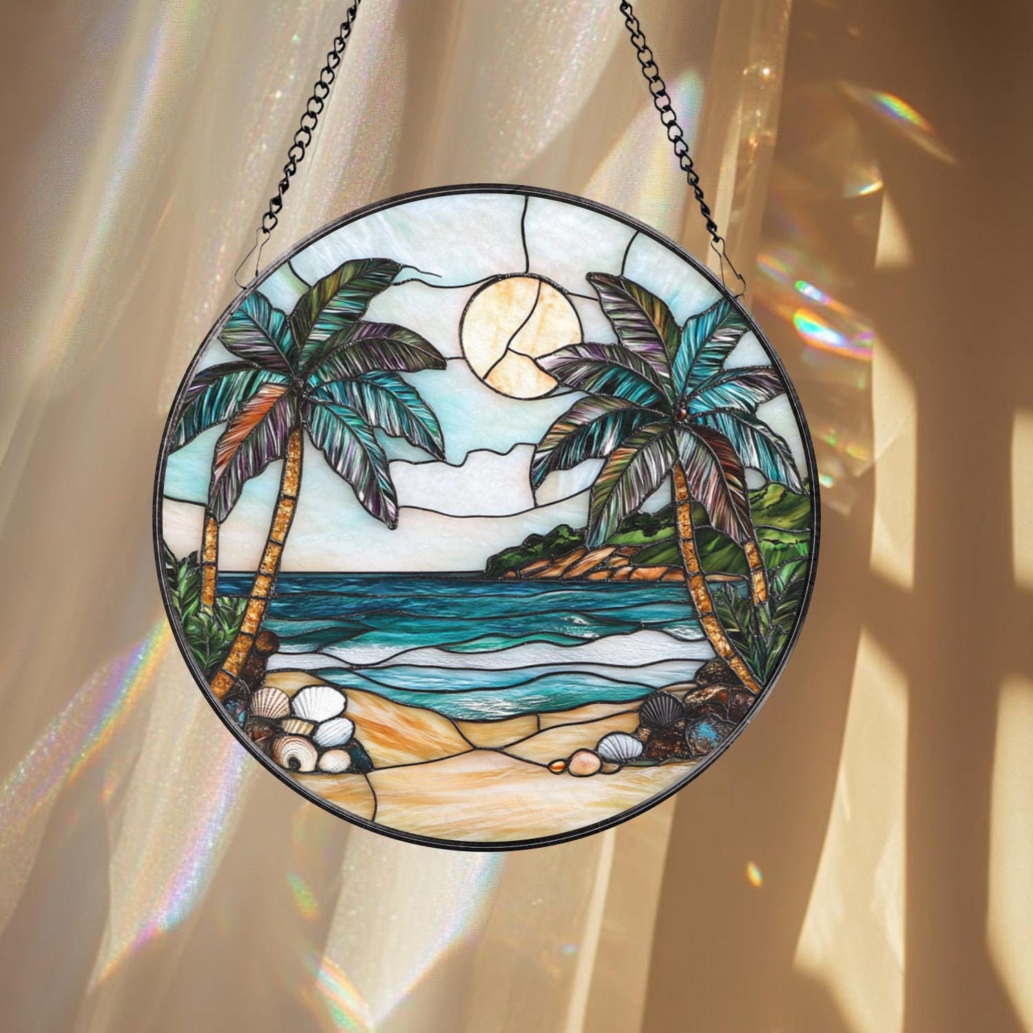 Tropical Palm Tree Stained Glass Suncatcher, Beach Sunset Window Hanging, Ocean Decor, Coastal Gift, Summer Vibes, Beach Lover Art