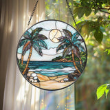 Tropical Palm Tree Stained Glass Suncatcher, Beach Sunset Window Hanging, Ocean Decor, Coastal Gift, Summer Vibes, Beach Lover Art