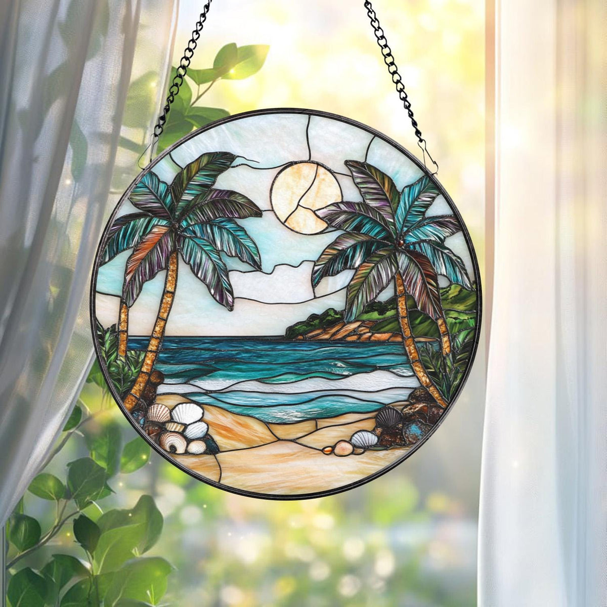Tropical Palm Tree Stained Glass Suncatcher, Beach Sunset Window Hanging, Ocean Decor, Coastal Gift, Summer Vibes, Beach Lover Art