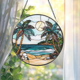 Tropical Palm Tree Stained Glass Suncatcher, Beach Sunset Window Hanging, Ocean Decor, Coastal Gift, Summer Vibes, Beach Lover Art