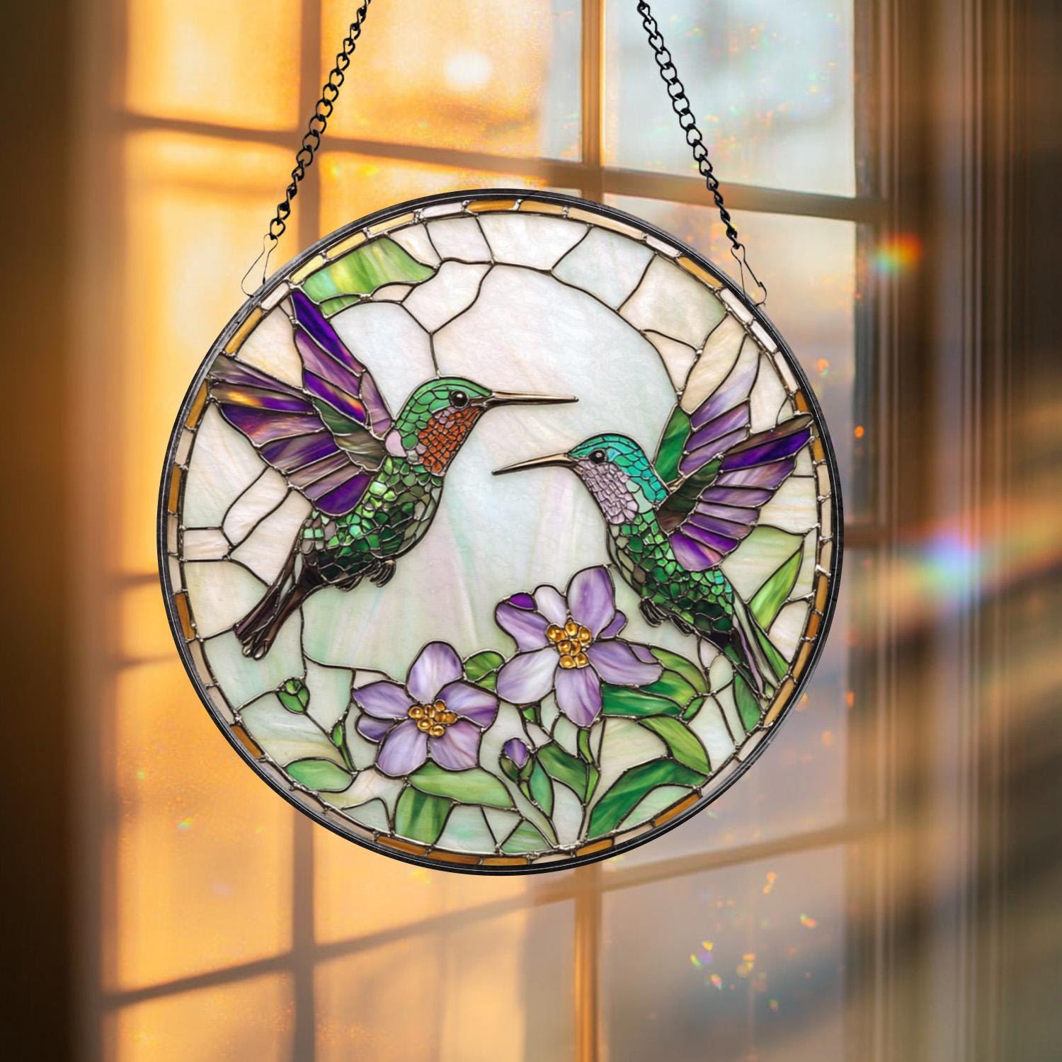 Hummingbirds Stained Glass Suncatcher, Wildflower Window Hanging, Hummingbird Memorial, Indoor Decor, Garden Lover Gift, Gift for Women