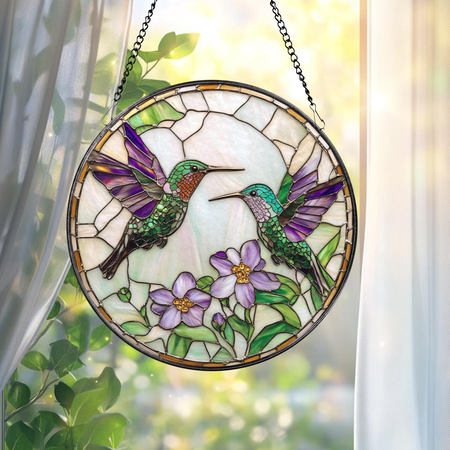 Hummingbirds Stained Glass Suncatcher, Wildflower Window Hanging, Hummingbird Memorial, Indoor Decor, Garden Lover Gift, Gift for Women