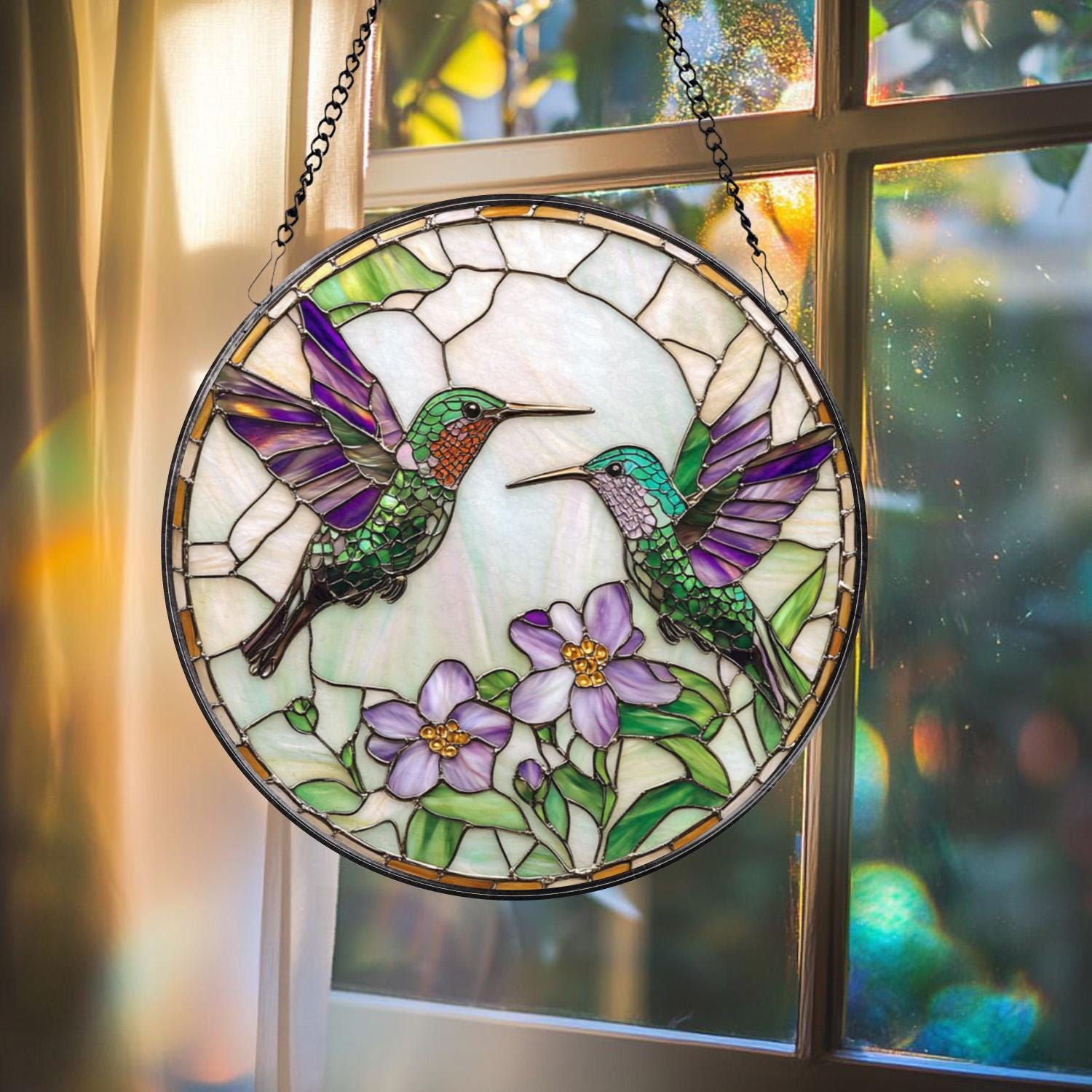 Hummingbirds Stained Glass Suncatcher, Wildflower Window Hanging, Hummingbird Memorial, Indoor Decor, Garden Lover Gift, Gift for Women