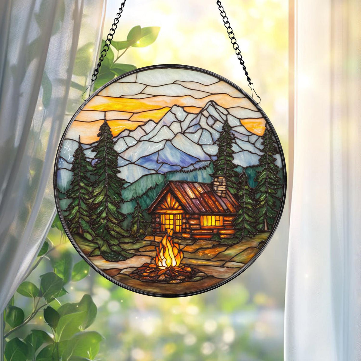 Starry Night Camping Glass Suncatcher, Cabin Campfire Window Hanging, Camper Van Art, Nature Decor, Adventure Gift, Outdoor Lover Gift
