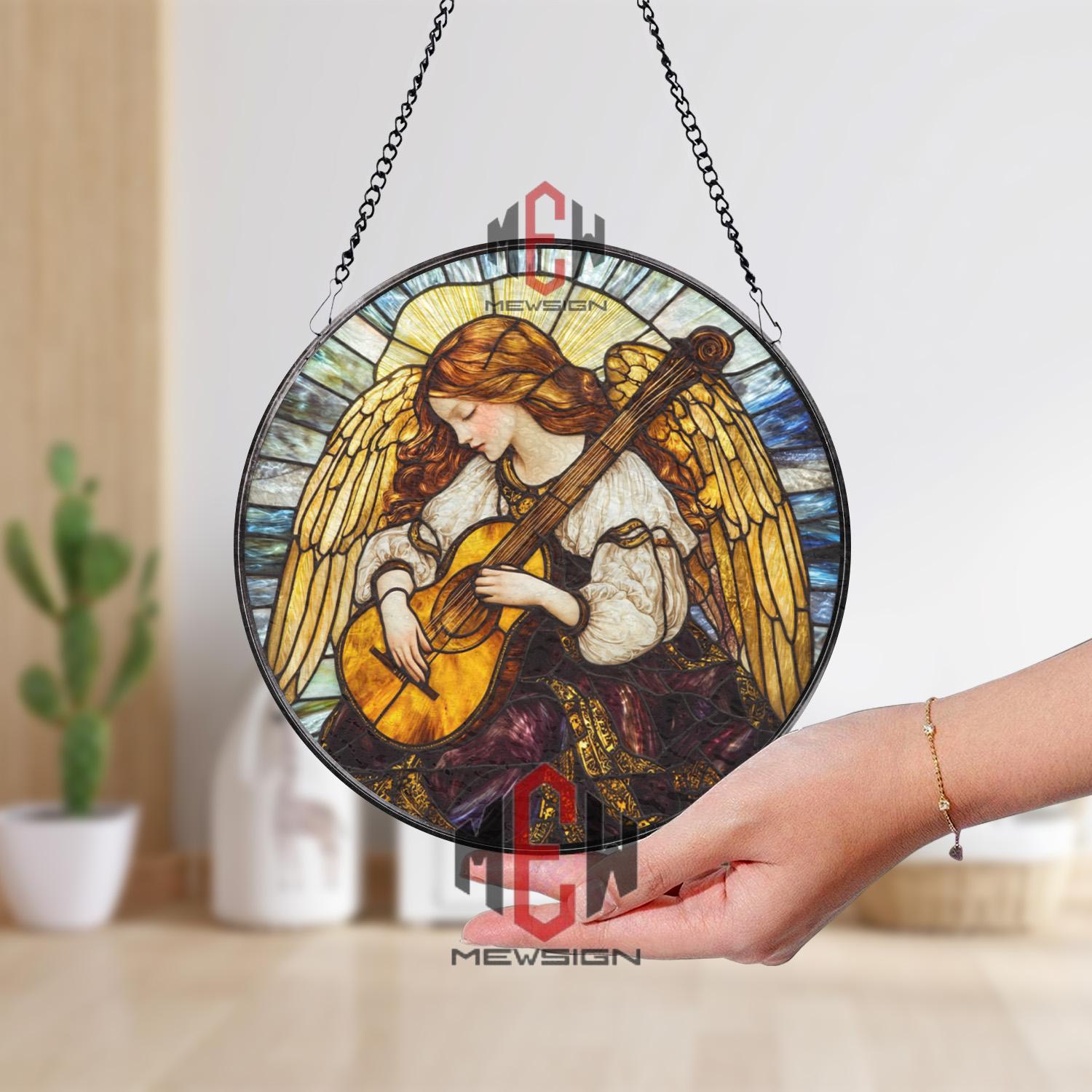 Angel Playing Lute Stained Glass Suncatcher, Vintage Music Angel Window Panel, Spiritual Guardian Art, Heavenly Gift for Peaceful Home
