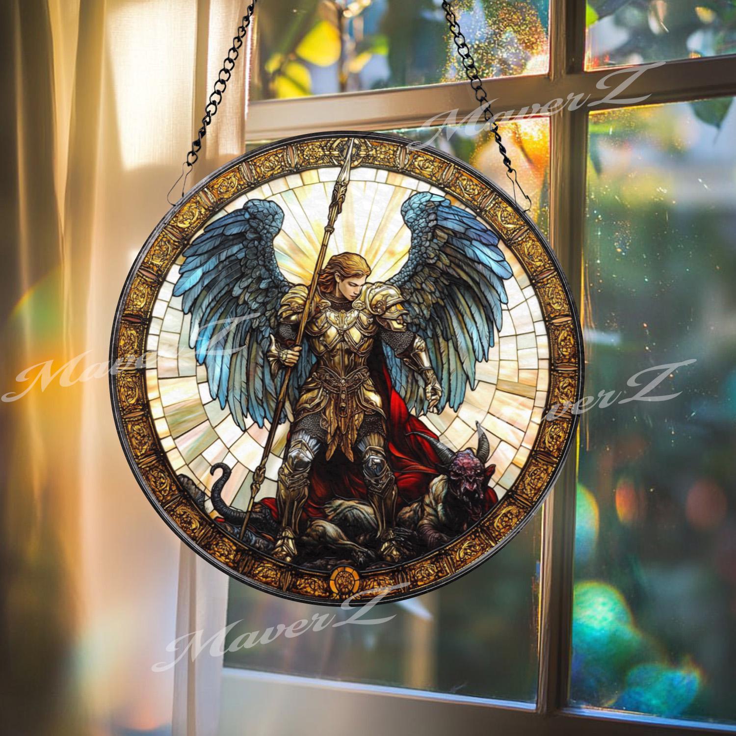 St. Michael Stained Glass Suncatcher, Archangel Defeating Demon Window Art, Christian Warrior Angel Panel, Spiritual Home Decor