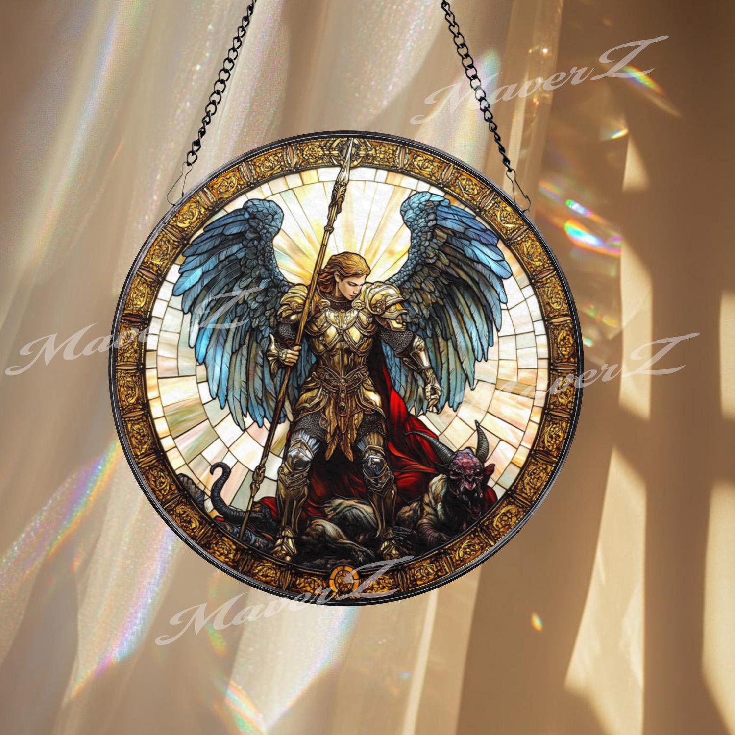 St. Michael Stained Glass Suncatcher, Archangel Defeating Demon Window Art, Christian Warrior Angel Panel, Spiritual Home Decor