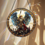 St. Michael Stained Glass Suncatcher, Archangel Defeating Demon Window Art, Christian Warrior Angel Panel, Spiritual Home Decor
