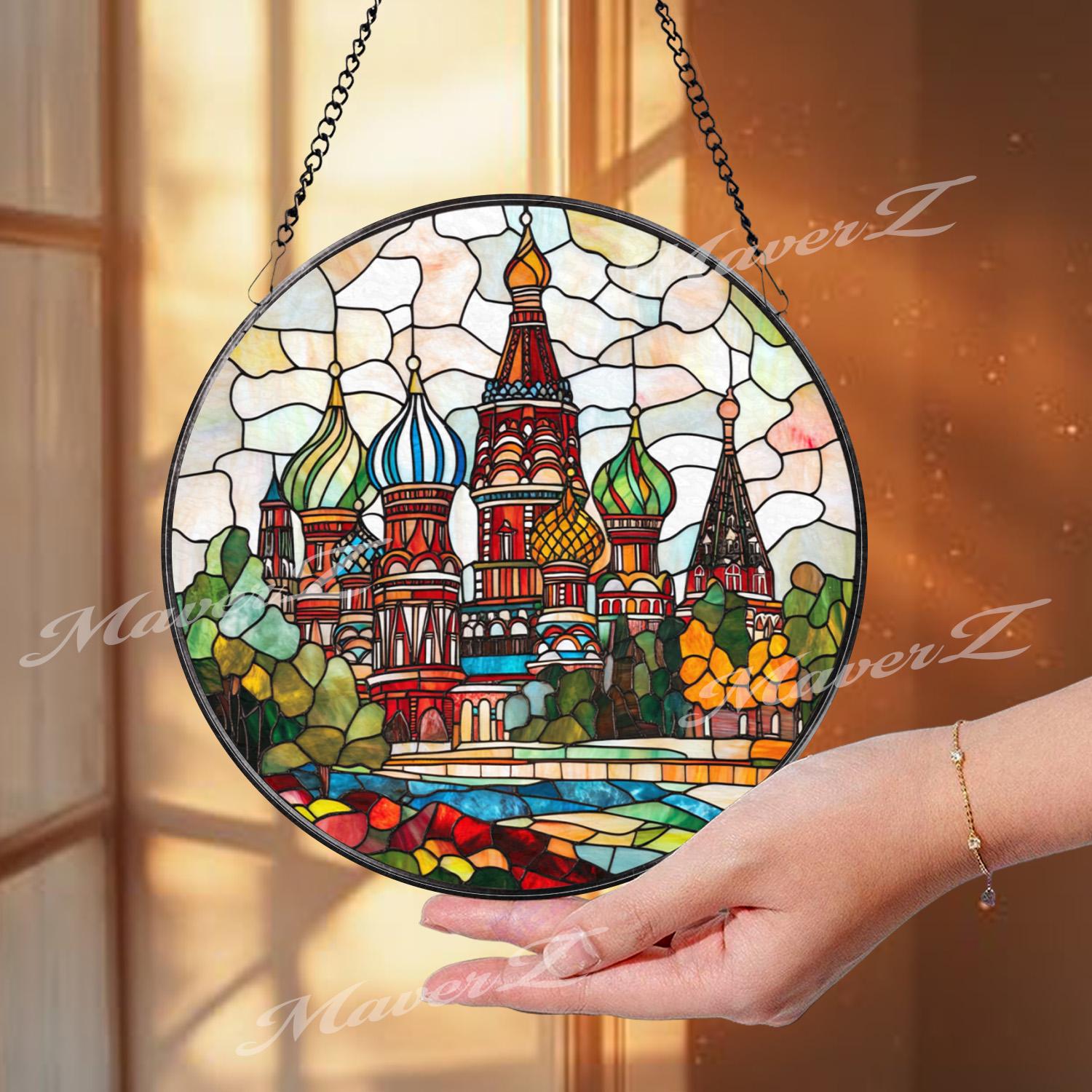 St. Basil Cathedral Stained Glass Suncatcher, Russia Landmark Window Hanging Decor, Colorful Travel Gift, Moscow Architecture Glass Art