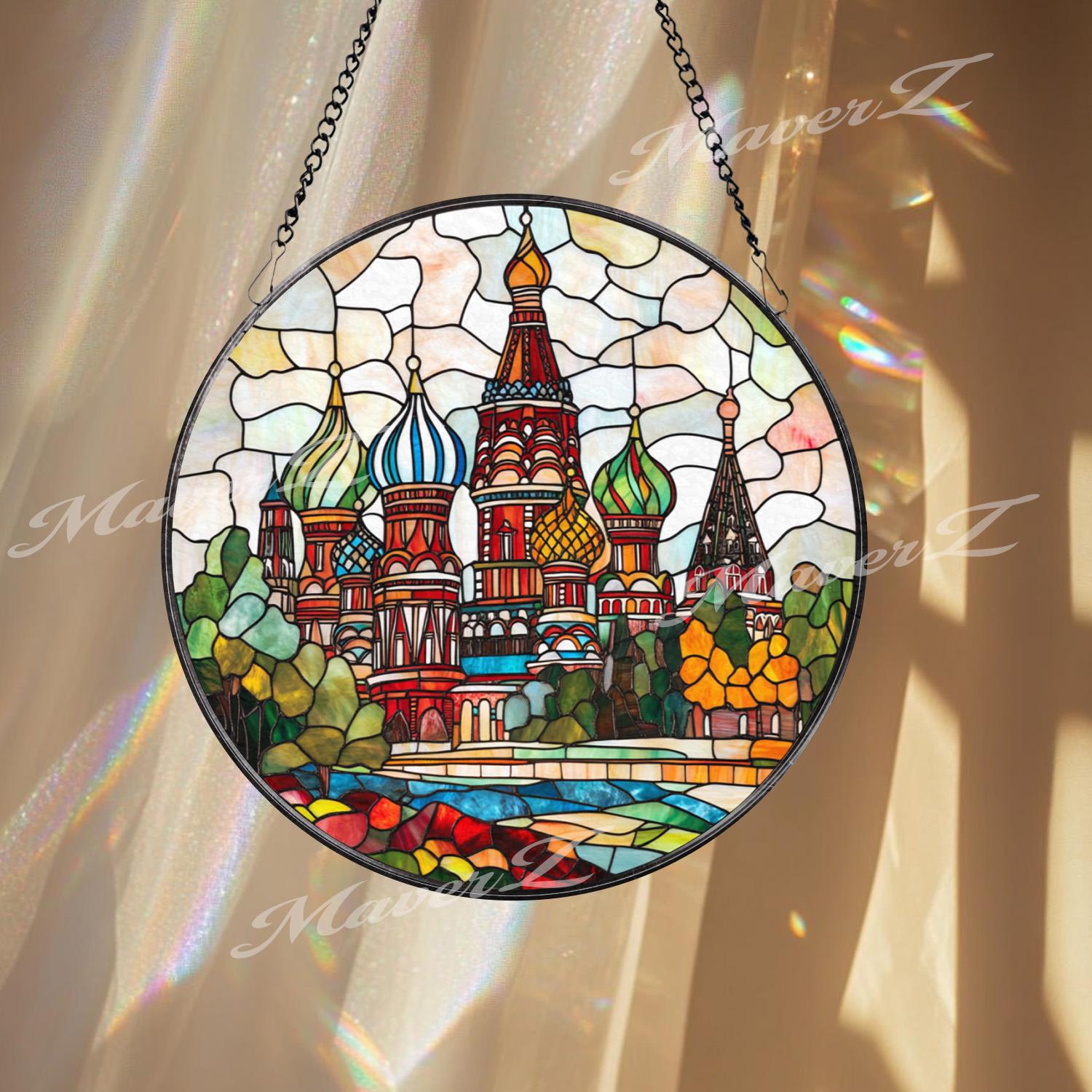 St. Basil Cathedral Stained Glass Suncatcher, Russia Landmark Window Hanging Decor, Colorful Travel Gift, Moscow Architecture Glass Art