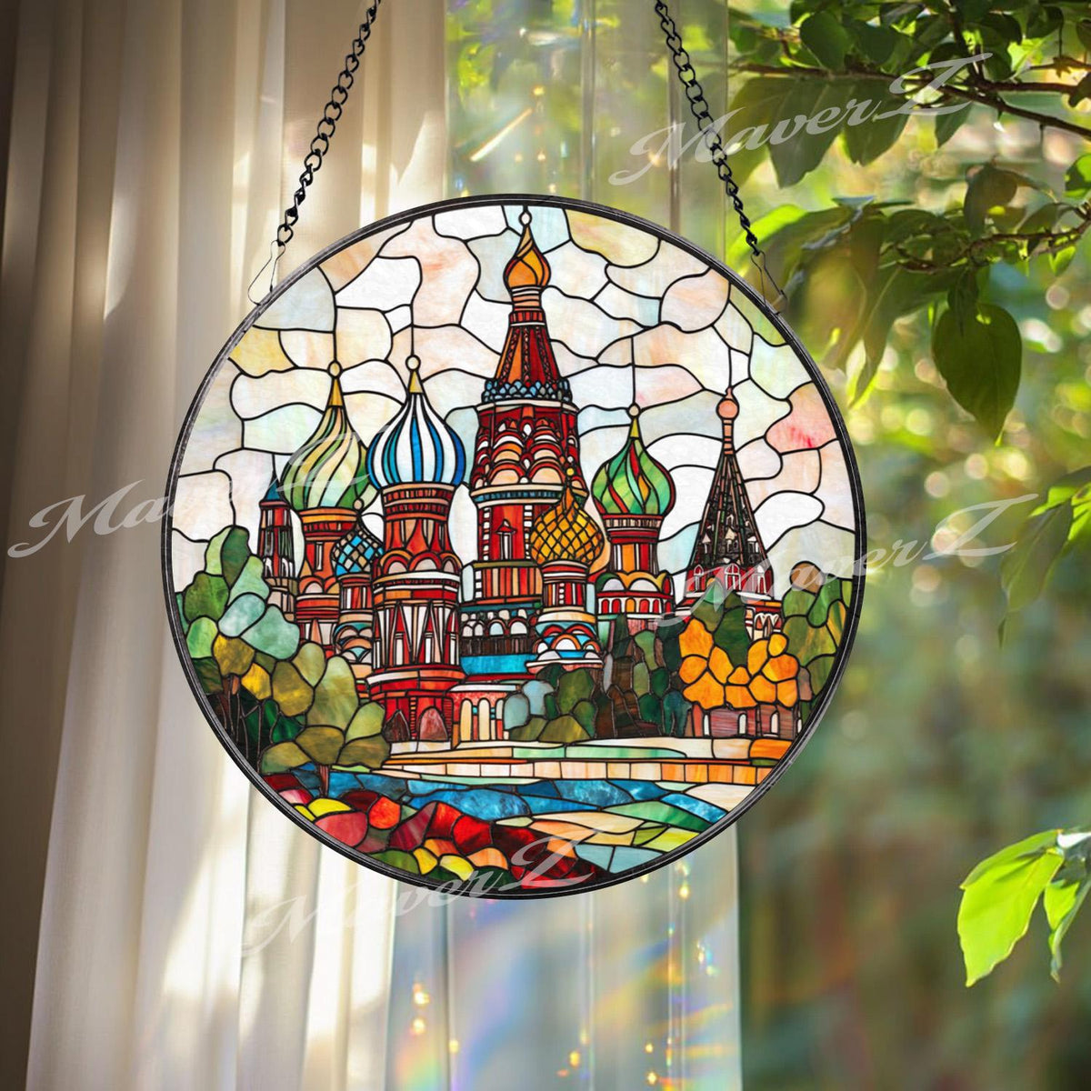St. Basil Cathedral Stained Glass Suncatcher, Russia Landmark Window Hanging Decor, Colorful Travel Gift, Moscow Architecture Glass Art