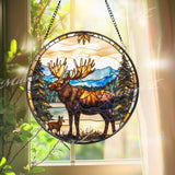 Moose and Calf Stained Glass Suncatcher, Rustic Wildlife Window Hanging, Forest Mountain Scene Glass Art, Nature Lover Cabin Decor Gift