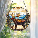 Moose and Calf Stained Glass Suncatcher, Rustic Wildlife Window Hanging, Forest Mountain Scene Glass Art, Nature Lover Cabin Decor Gift