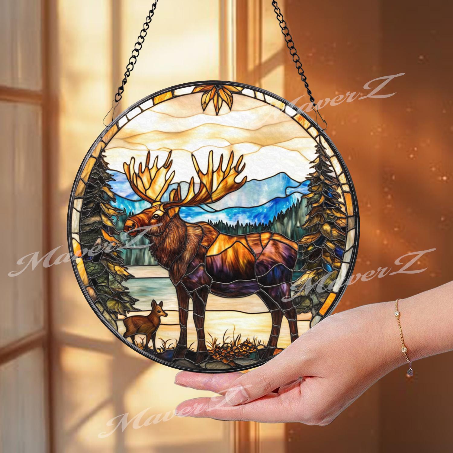 Moose and Calf Stained Glass Suncatcher, Rustic Wildlife Window Hanging, Forest Mountain Scene Glass Art, Nature Lover Cabin Decor Gift