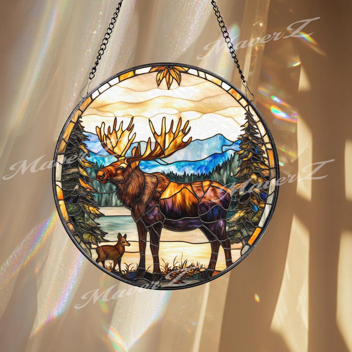 Moose and Calf Stained Glass Suncatcher, Rustic Wildlife Window Hanging, Forest Mountain Scene Glass Art, Nature Lover Cabin Decor Gift
