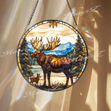 Moose and Calf Stained Glass Suncatcher, Rustic Wildlife Window Hanging, Forest Mountain Scene Glass Art, Nature Lover Cabin Decor Gift