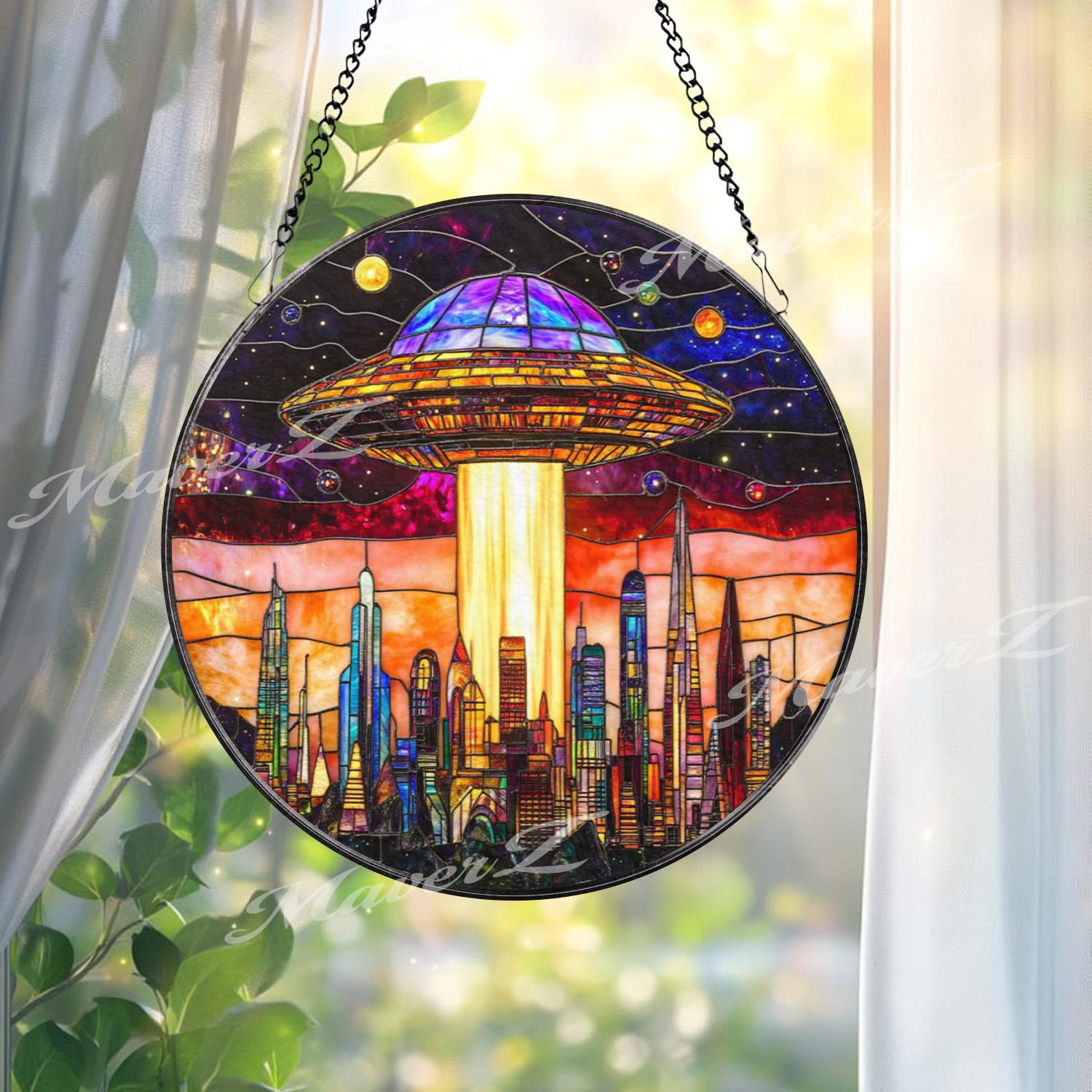 UFO Stained Glass Suncatcher, Alien Spaceship Window Hanging, Sci-Fi Space Decor, Futuristic City Skyline Art, Gift for Sci-Fi Lovers
