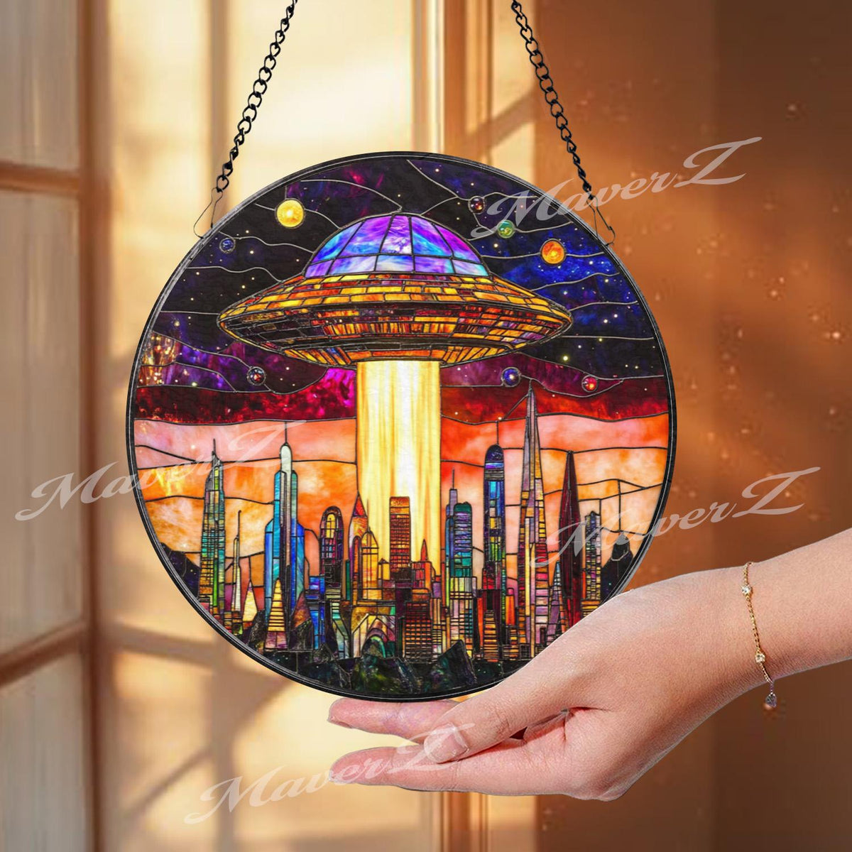 UFO Stained Glass Suncatcher, Alien Spaceship Window Hanging, Sci-Fi Space Decor, Futuristic City Skyline Art, Gift for Sci-Fi Lovers