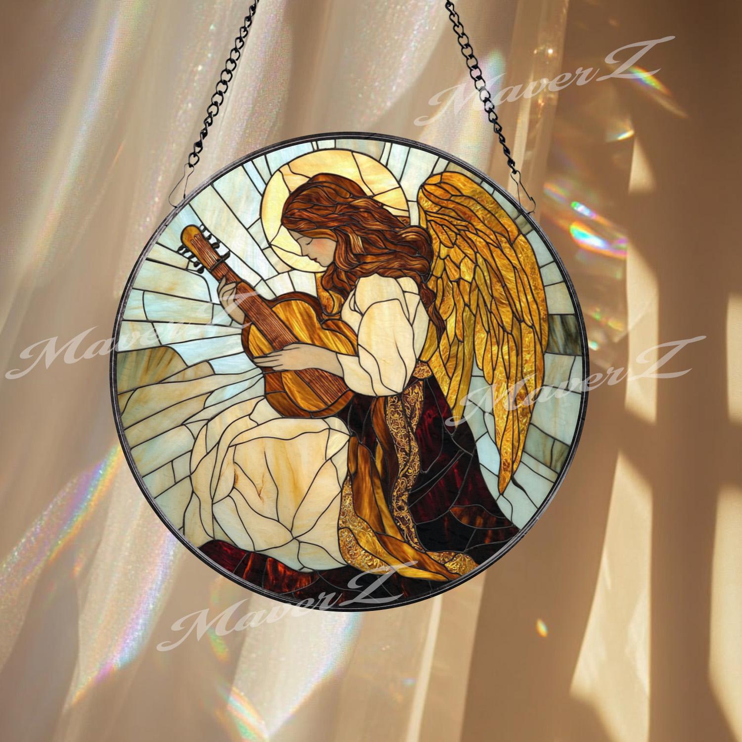 Angel Playing Guitar Stained Glass Suncatcher, Spiritual Window Hanging, Guardian Angel Art Panel, Memorial or Sympathy Gift