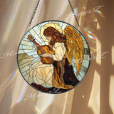 Angel Playing Guitar Stained Glass Suncatcher, Spiritual Window Hanging, Guardian Angel Art Panel, Memorial or Sympathy Gift