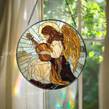 Angel Playing Guitar Stained Glass Suncatcher, Spiritual Window Hanging, Guardian Angel Art Panel, Memorial or Sympathy Gift