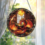 Red Dragon Reading Book Stained Glass Suncatcher, Fantasy Window Hanging, Library Dragon Decor, Magic Lover Gift Idea