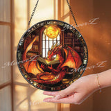 Red Dragon Reading Book Stained Glass Suncatcher, Fantasy Window Hanging, Library Dragon Decor, Magic Lover Gift Idea