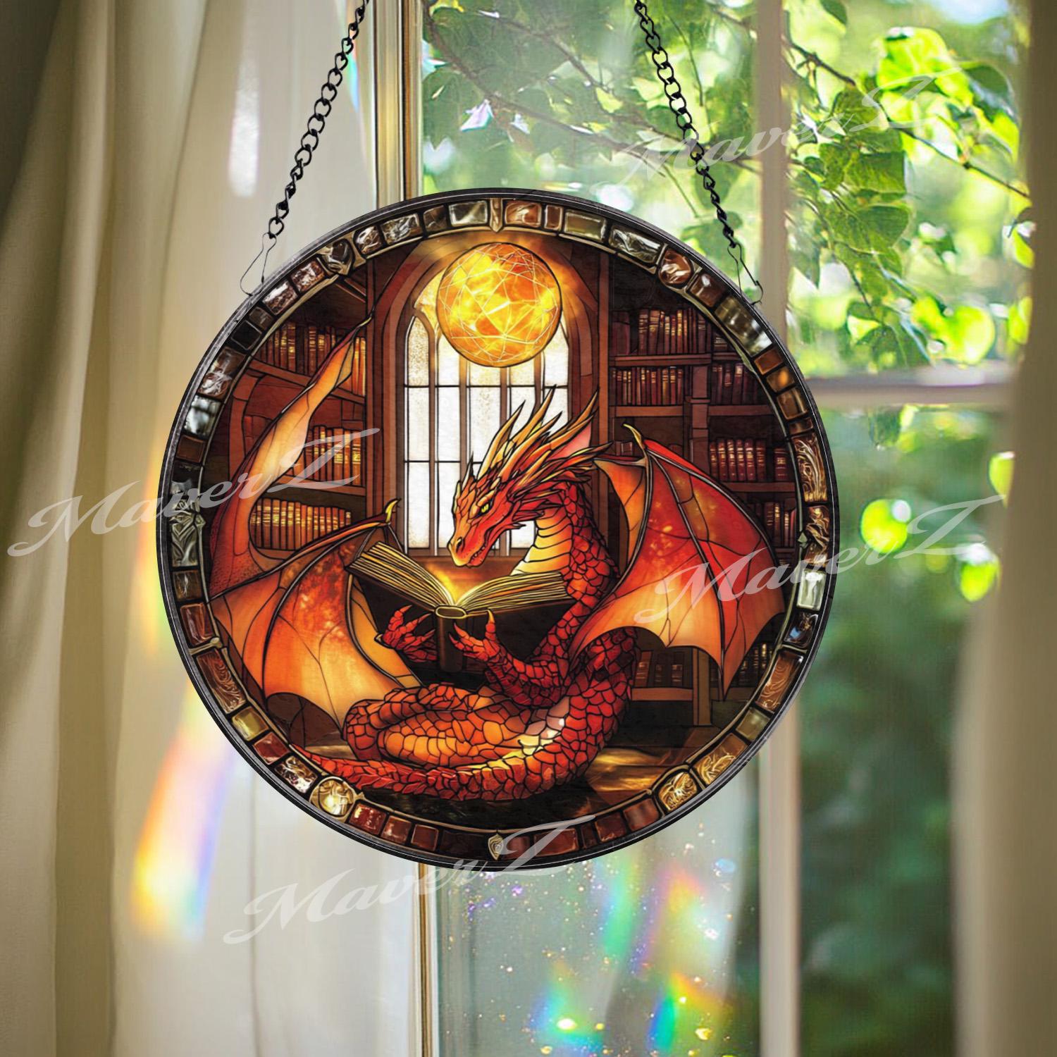 Red Dragon Reading Book Stained Glass Suncatcher, Fantasy Window Hanging, Library Dragon Decor, Magic Lover Gift Idea