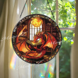 Red Dragon Reading Book Stained Glass Suncatcher, Fantasy Window Hanging, Library Dragon Decor, Magic Lover Gift Idea