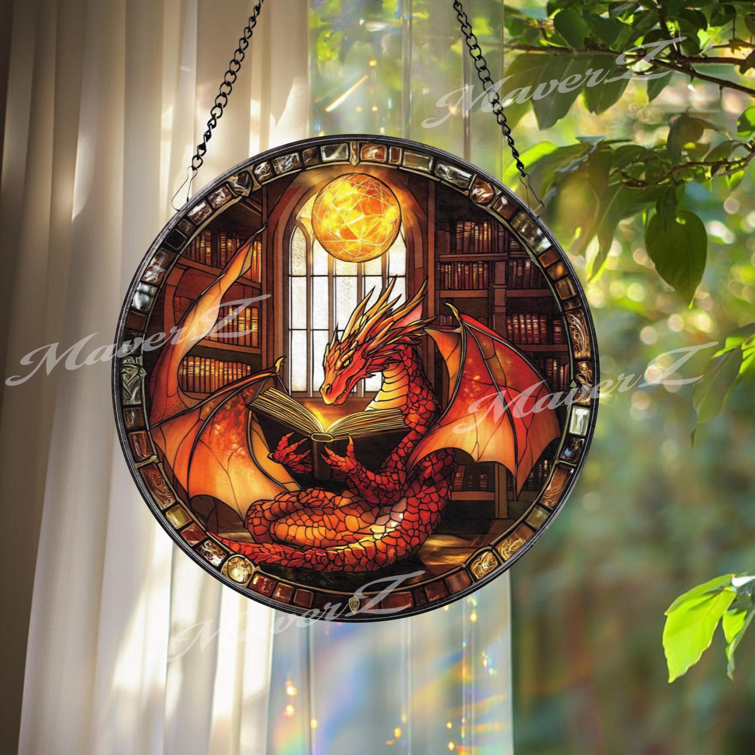 Red Dragon Reading Book Stained Glass Suncatcher, Fantasy Window Hanging, Library Dragon Decor, Magic Lover Gift Idea