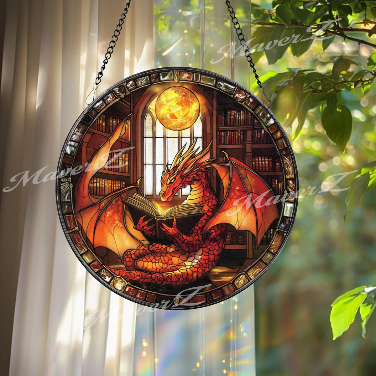 Red Dragon Reading Book Stained Glass Suncatcher, Fantasy Window Hanging, Library Dragon Decor, Magic Lover Gift Idea