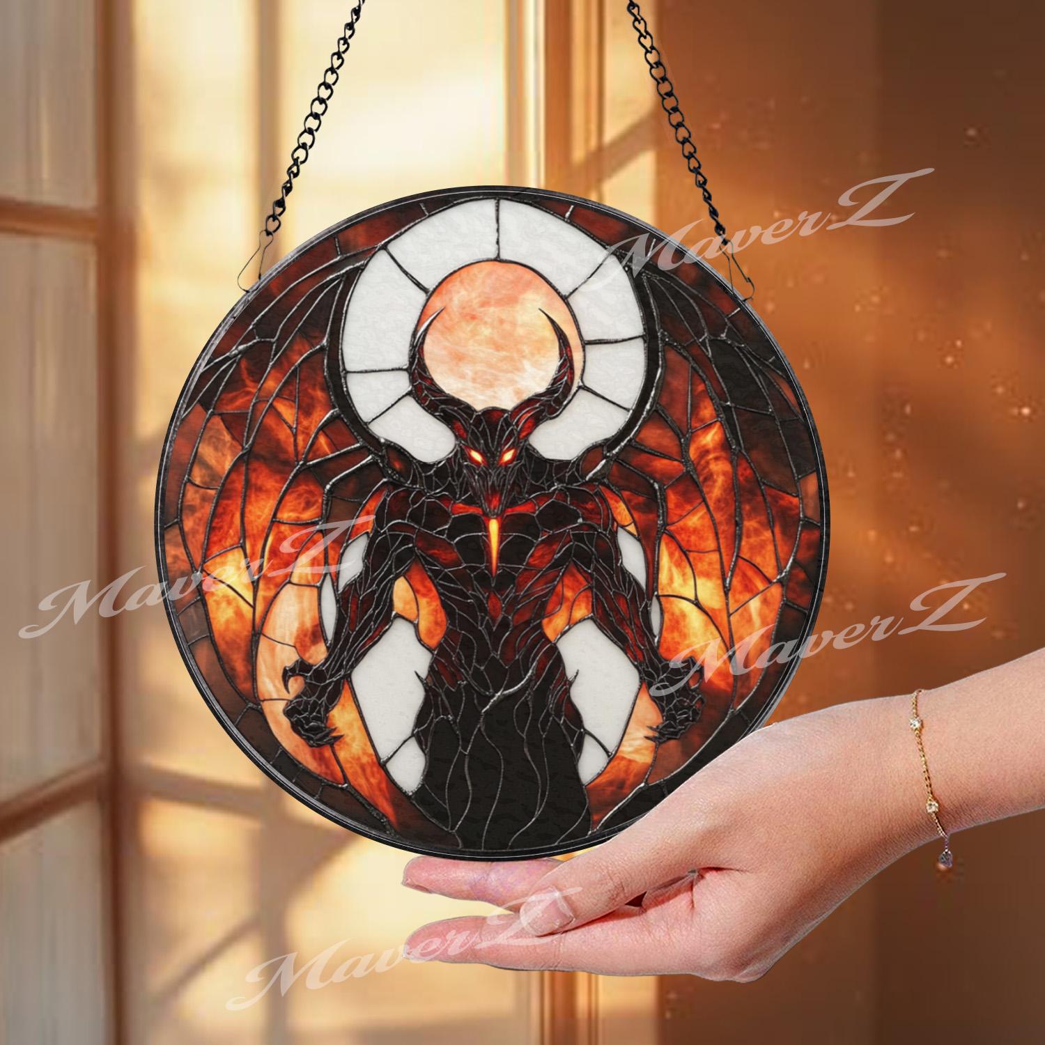 Inferno Demon Stained Glass Suncatcher, Dark Fantasy Window Hanging Art, Gothic Hellfire Decor for Horror & Mythology Lovers
