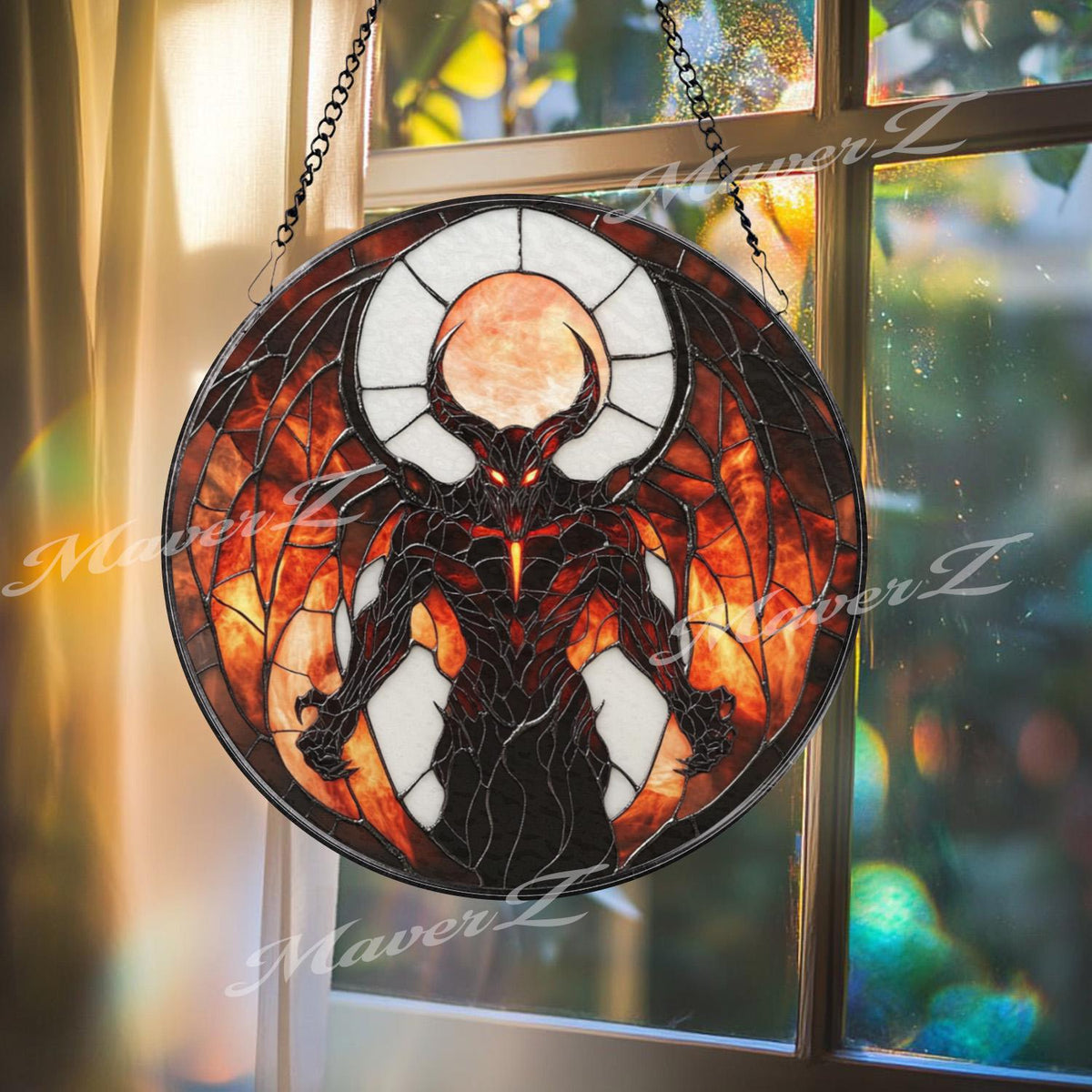Inferno Demon Stained Glass Suncatcher, Dark Fantasy Window Hanging Art, Gothic Hellfire Decor for Horror & Mythology Lovers
