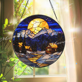 Moonlit Winter Cabin Stained Glass Suncatcher, Cozy Snowy Mountain Window Art, Rustic Holiday Home Decor, Winter Lodge Gift