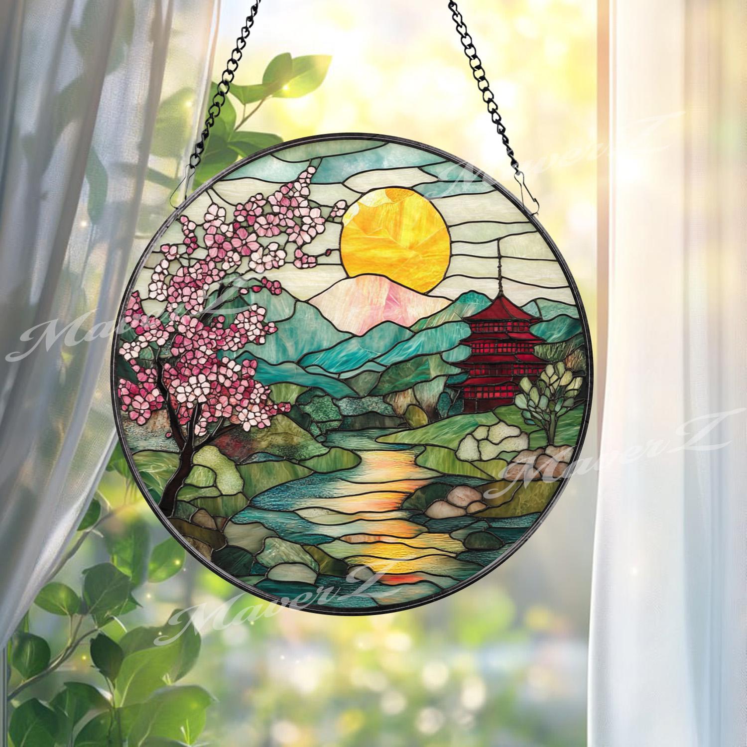 Cherry Blossom Stained Glass Suncatcher, Japanese Sunrise Landscape Panel, Mountain River Window Decor, Pagoda Garden Gift