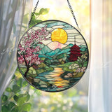 Cherry Blossom Stained Glass Suncatcher, Japanese Sunrise Landscape Panel, Mountain River Window Decor, Pagoda Garden Gift