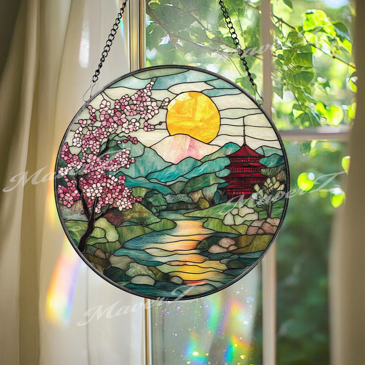 Cherry Blossom Stained Glass Suncatcher, Japanese Sunrise Landscape Panel, Mountain River Window Decor, Pagoda Garden Gift