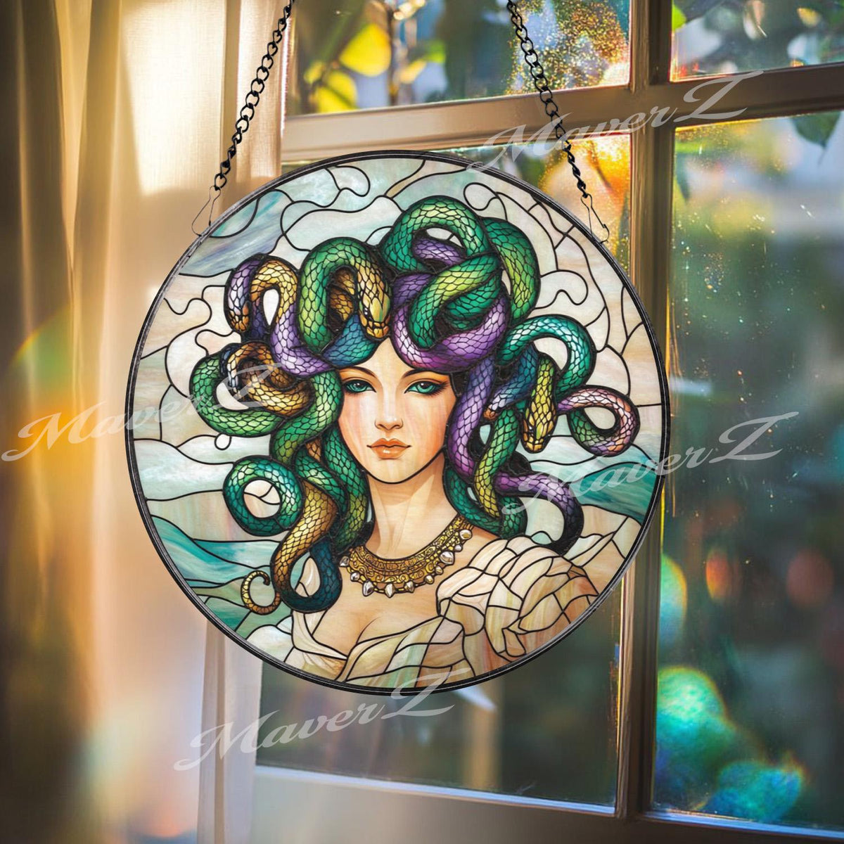 Medusa Stained Glass Suncatcher, Mythical Goddess Window Panel, Greek Mythology Decor, Feminine Serpent Hair Art Gift