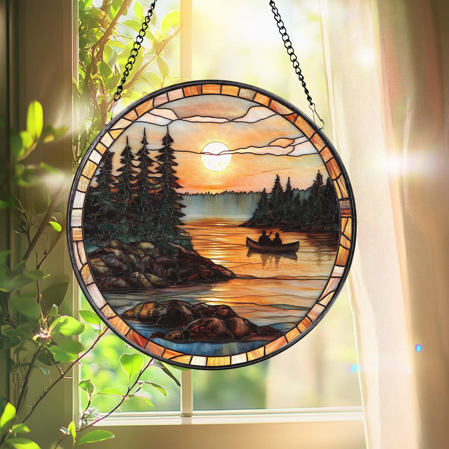 Canoe Lake Sunset Stained Glass Suncatcher, Romantic Nature Window Hanging, Cabin Wall Decor, Gift for Outdoor & Camping Lovers