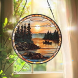 Canoe Lake Sunset Stained Glass Suncatcher, Romantic Nature Window Hanging, Cabin Wall Decor, Gift for Outdoor & Camping Lovers