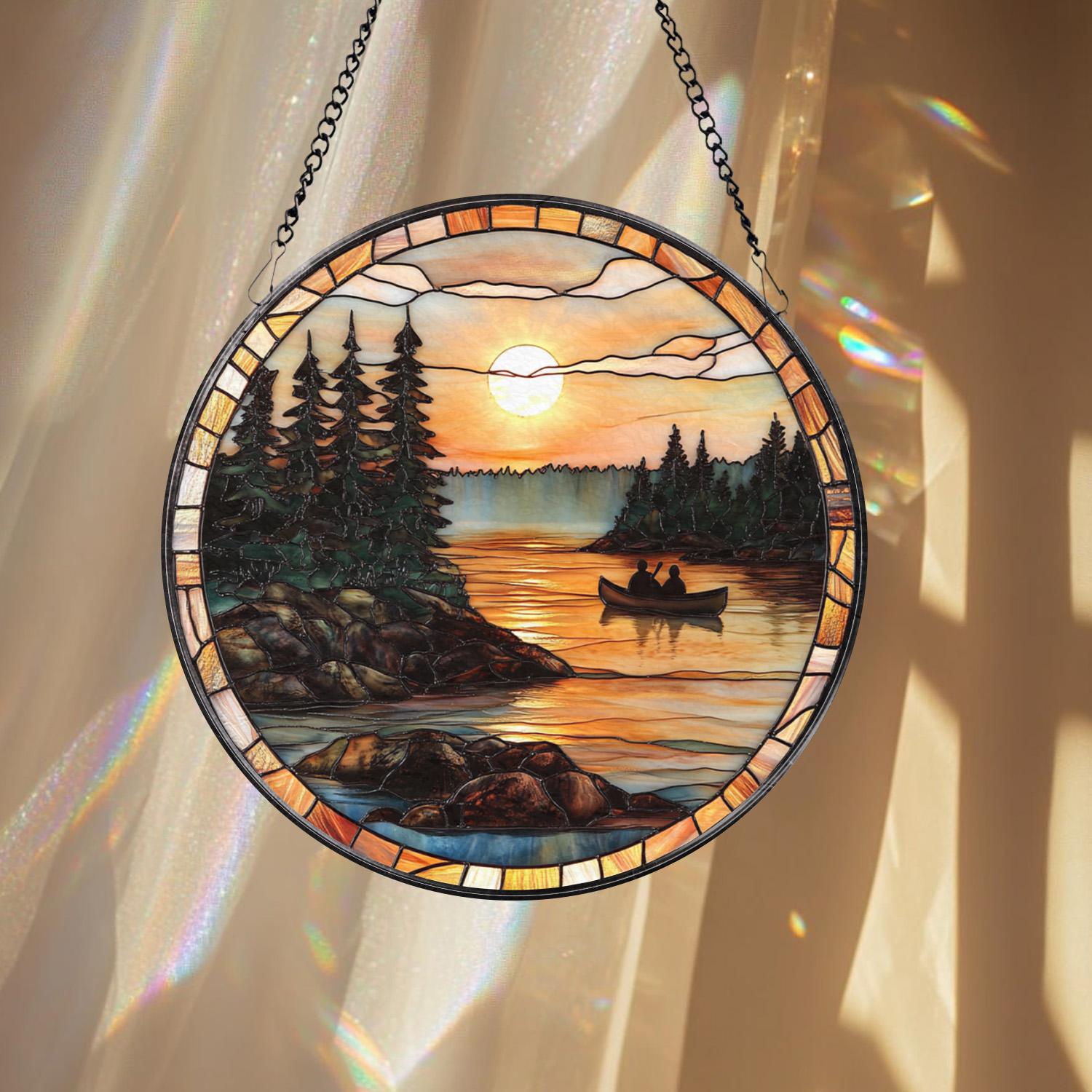 Canoe Lake Sunset Stained Glass Suncatcher, Romantic Nature Window Hanging, Cabin Wall Decor, Gift for Outdoor & Camping Lovers