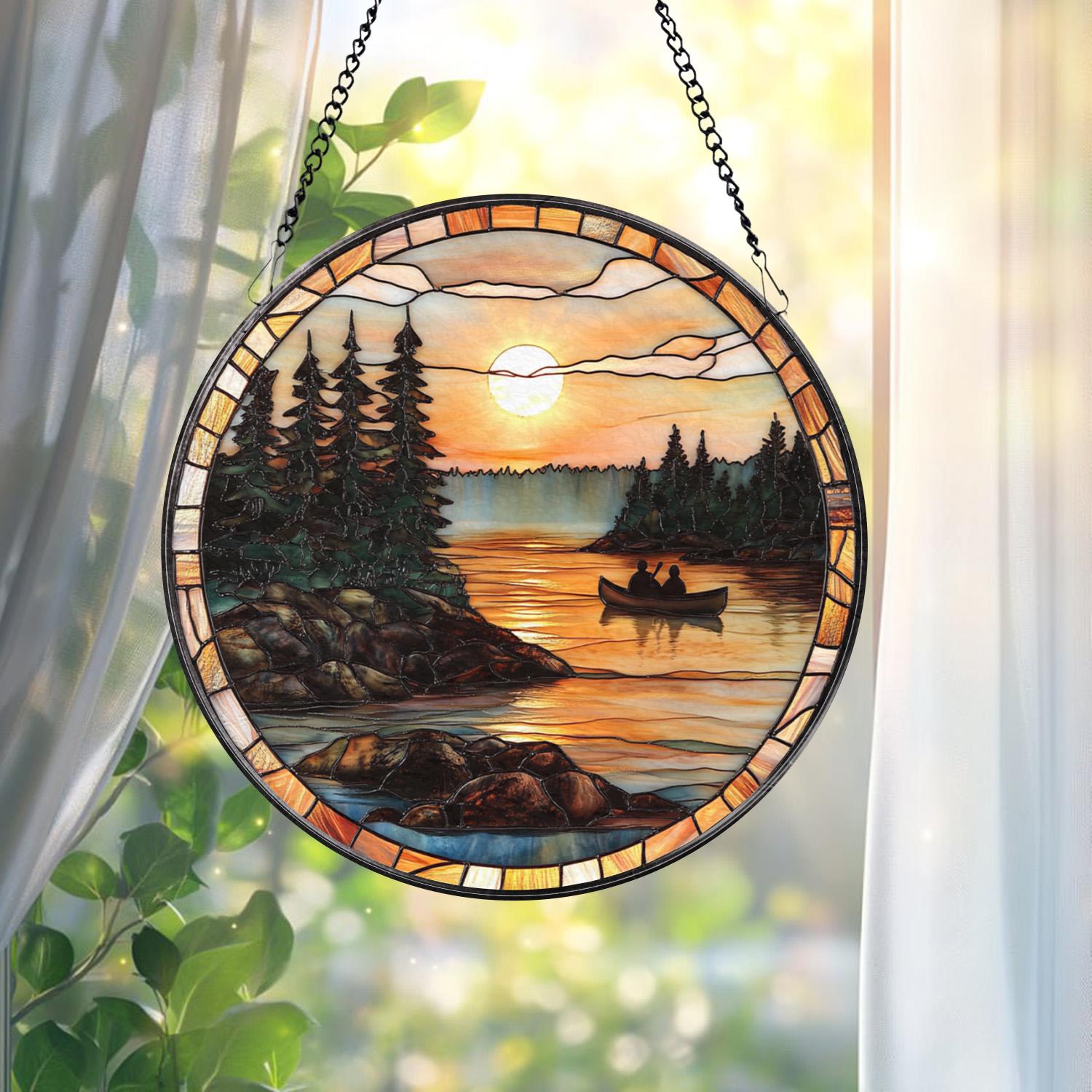 Canoe Lake Sunset Stained Glass Suncatcher, Romantic Nature Window Hanging, Cabin Wall Decor, Gift for Outdoor & Camping Lovers