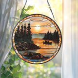 Canoe Lake Sunset Stained Glass Suncatcher, Romantic Nature Window Hanging, Cabin Wall Decor, Gift for Outdoor & Camping Lovers