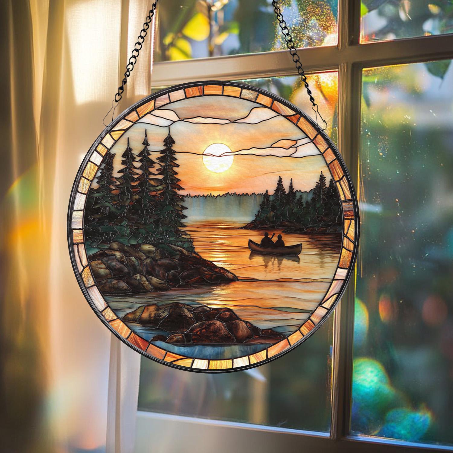 Canoe Lake Sunset Stained Glass Suncatcher, Romantic Nature Window Hanging, Cabin Wall Decor, Gift for Outdoor & Camping Lovers