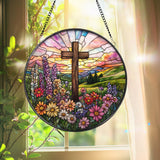 Christian Cross Stained Glass Suncatcher, Floral Sunrise Window Hanging, Faith Gift for Mom, Religious Home Decor, Easter or Memorial Gift