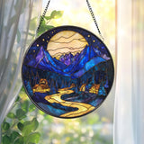 Moonlit Mountain Village Stained Glass Suncatcher – Blue Night Scene Window Hanging, Cozy Cabin Decor, Scenic Nature Lover Gift
