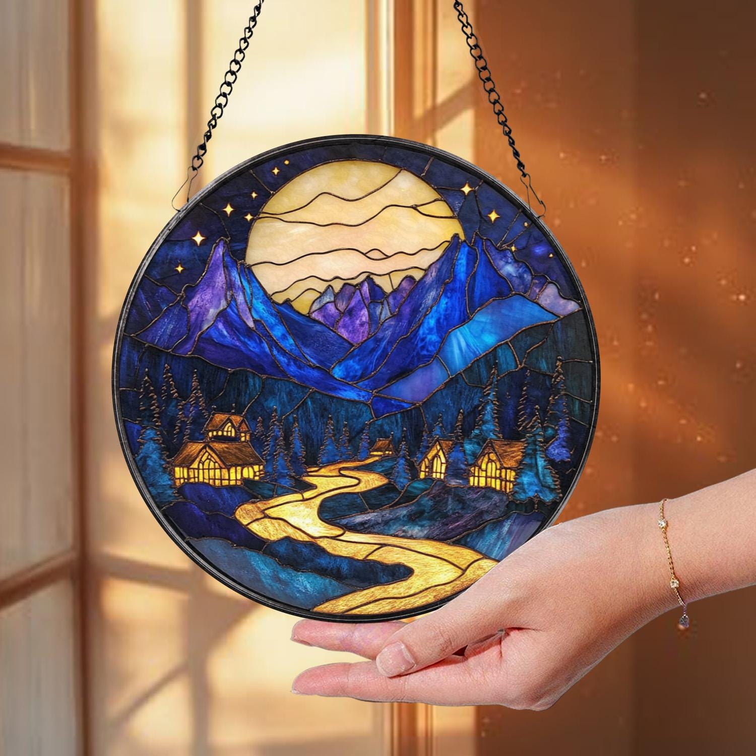 Moonlit Mountain Village Stained Glass Suncatcher – Blue Night Scene Window Hanging, Cozy Cabin Decor, Scenic Nature Lover Gift