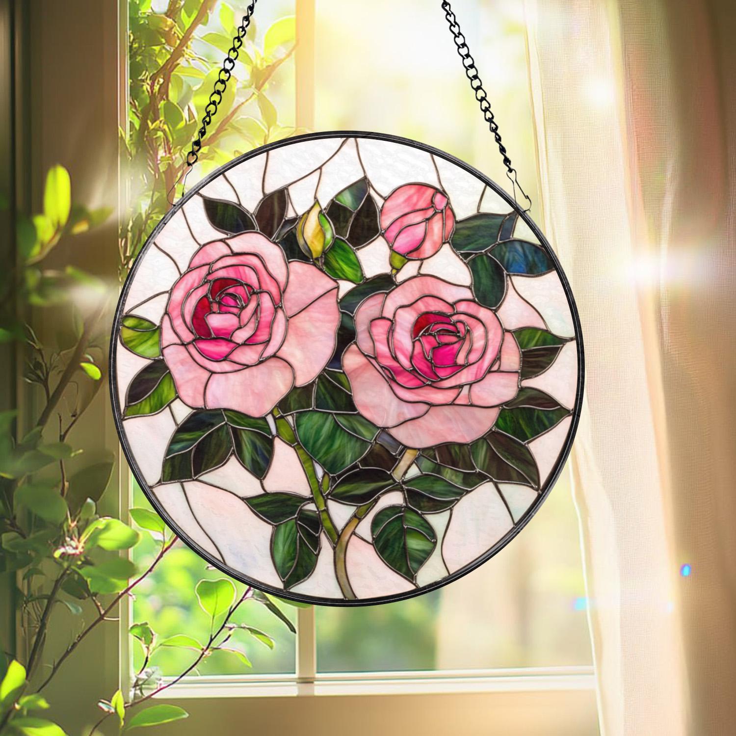 Pink Rose Stained Glass Suncatcher – Romantic Floral Window Hanging, Rose Lover Gift, Elegant Glass Art for Mom or Garden Decor