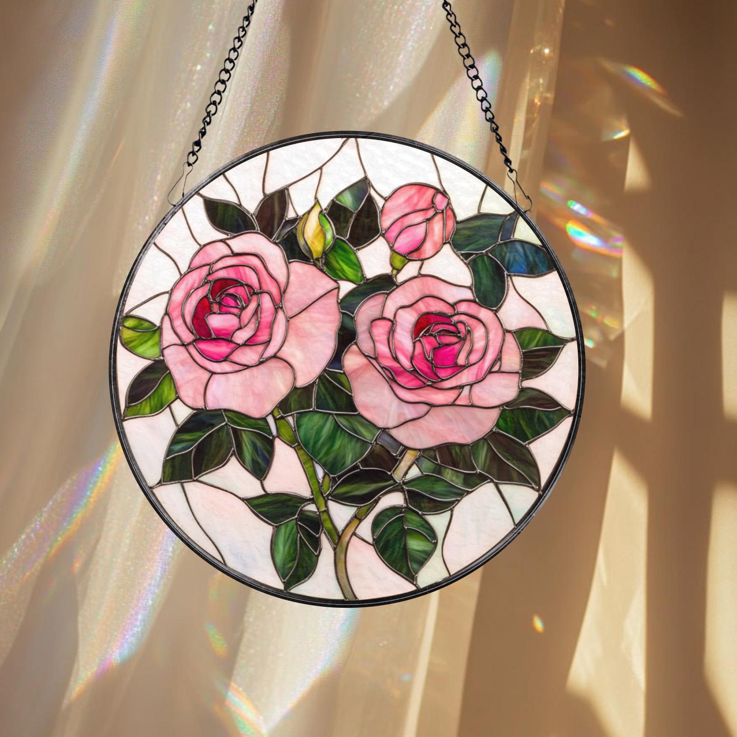 Pink Rose Stained Glass Suncatcher – Romantic Floral Window Hanging, Rose Lover Gift, Elegant Glass Art for Mom or Garden Decor